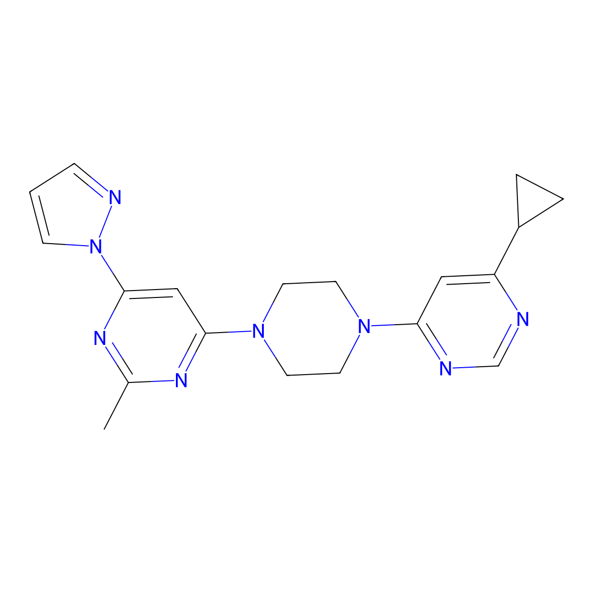 4-[4-(6-cyclopropylpyrimidin-4-yl)piperazin-1-yl]-2-methyl-6-(1H-pyrazol-1-yl)pyrimidine molecular structure, CAS 2415556-28-2