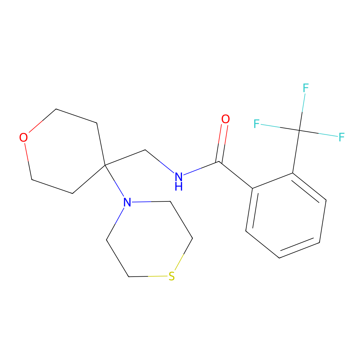 N-{[4-(thiomorpholin-4-yl)oxan-4-yl]methyl}-2-(trifluoromethyl)benzamide molecular structure, CAS 2415561-76-9
