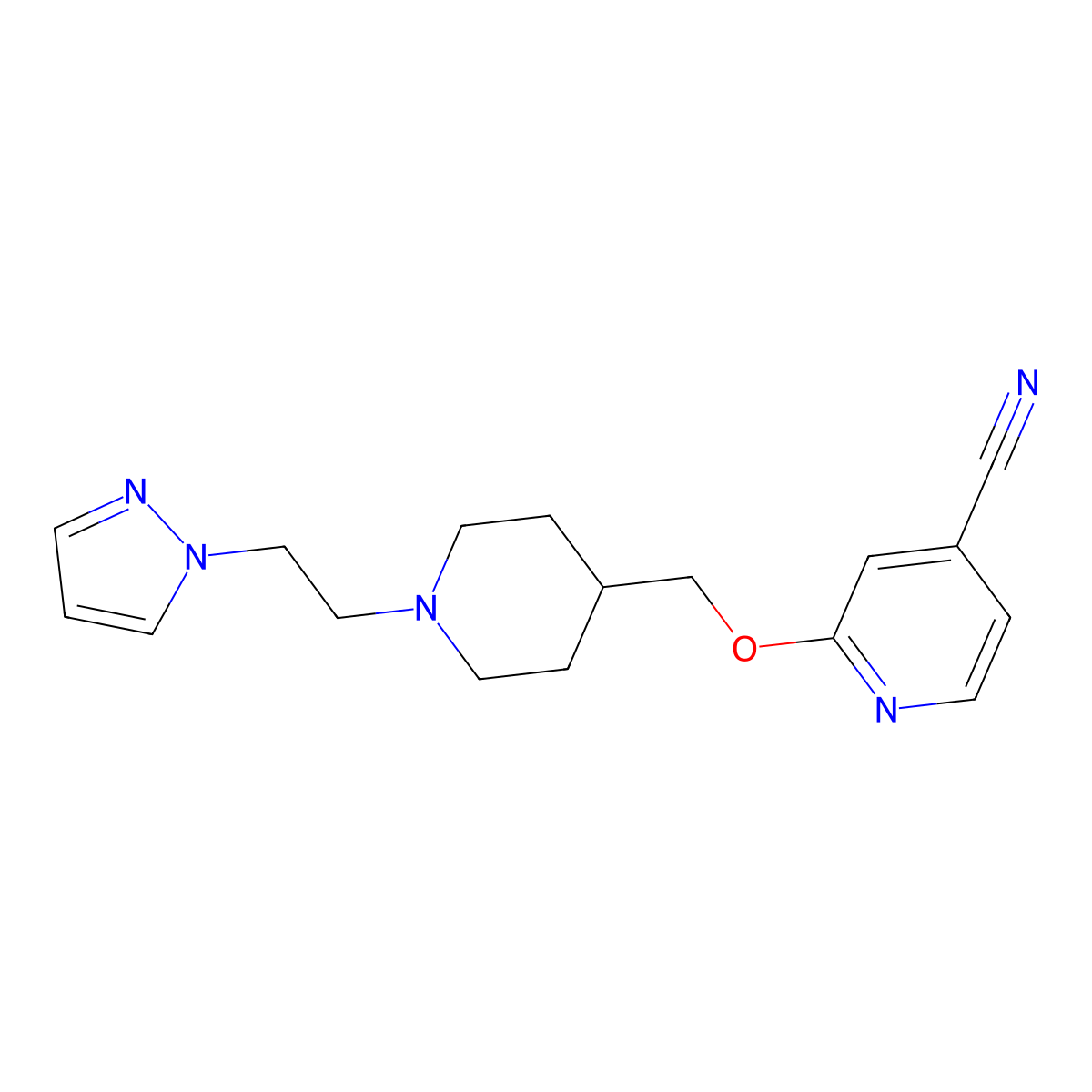 2-({1-[2-(1H-pyrazol-1-yl)ethyl]piperidin-4-yl}methoxy)pyridine-4-carbonitrile molecular structure, CAS 2415561-82-7