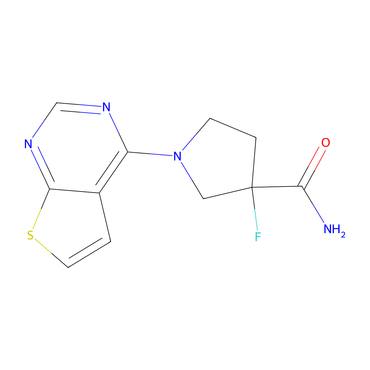 3-Fluoro-1-{thieno[2,3-d]pyrimidin-4-yl}pyrrolidine-3-carboxamide molecular structure, CAS 2415561-96-3