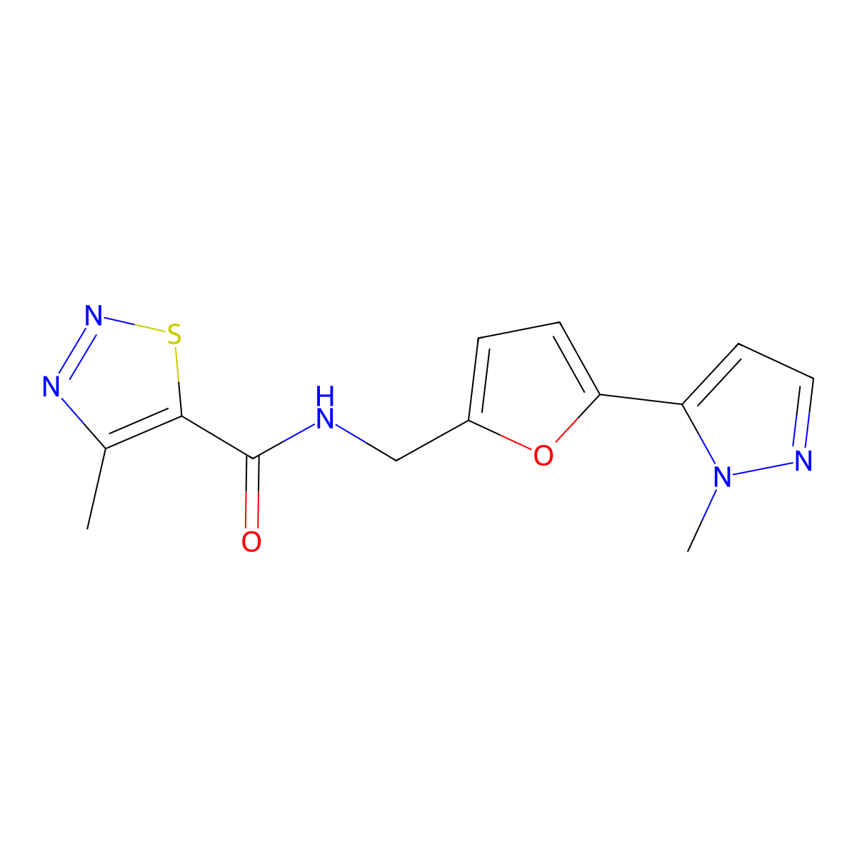 4-methyl-N-{[5-(1-methyl-1H-pyrazol-5-yl)furan-2-yl]methyl}-1,2,3-thiadiazole-5-carboxamide molecular structure, CAS 2415561-97-4