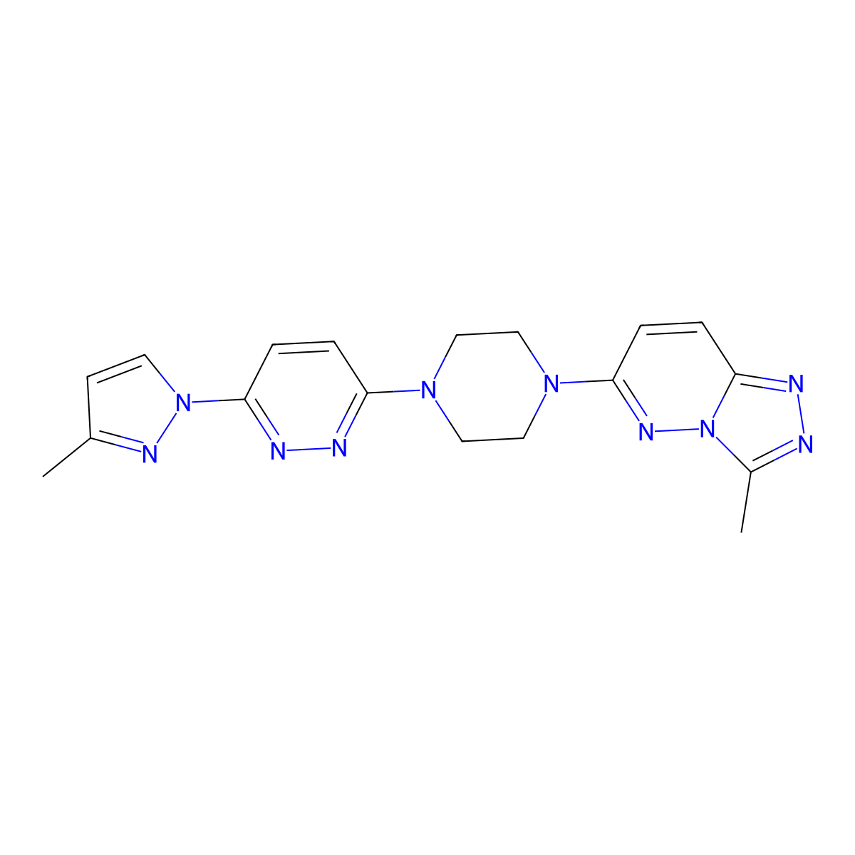 3-(3-methyl-1H-pyrazol-1-yl)-6-(4-{3-methyl-[1,2,4]triazolo[4,3-b]pyridazin-6-yl}piperazin-1-yl)pyridazine molecular structure, CAS 2415562-02-4