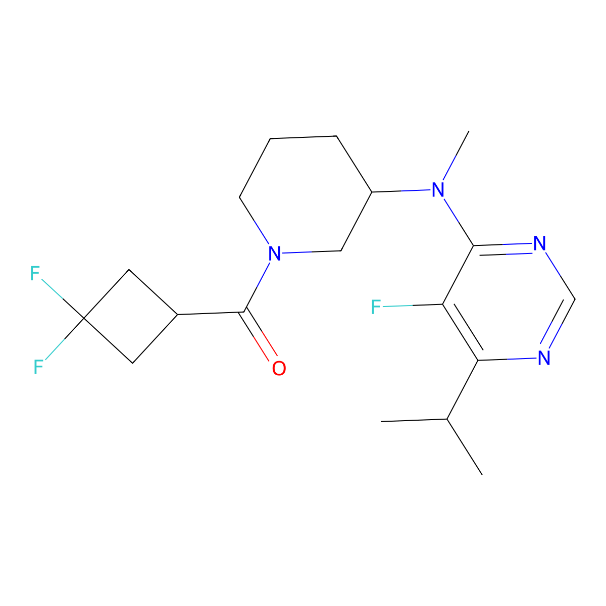 N-[1-(3,3-difluorocyclobutanecarbonyl)piperidin-3-yl]-5-fluoro-N-methyl-6-(propan-2-yl)pyrimidin-4-amine molecular structure, CAS 2415562-10-4