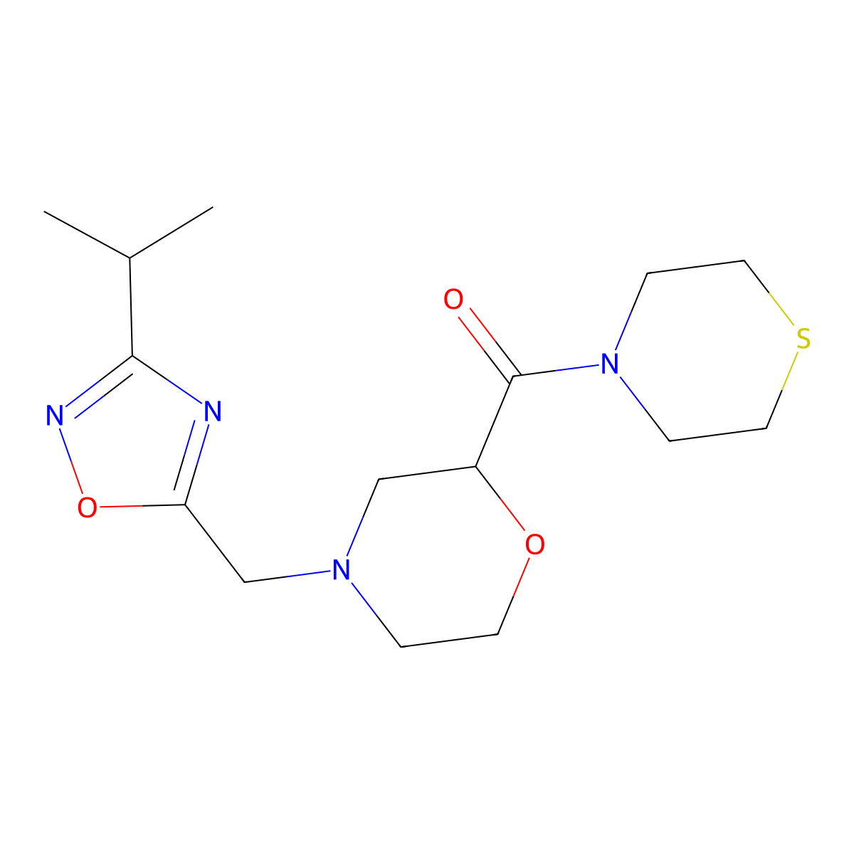 4-{[3-(Propan-2-yl)-1,2,4-oxadiazol-5-yl]methyl}-2-(thiomorpholine-4-carbonyl)morpholine molecular structure, CAS 2415562-16-0