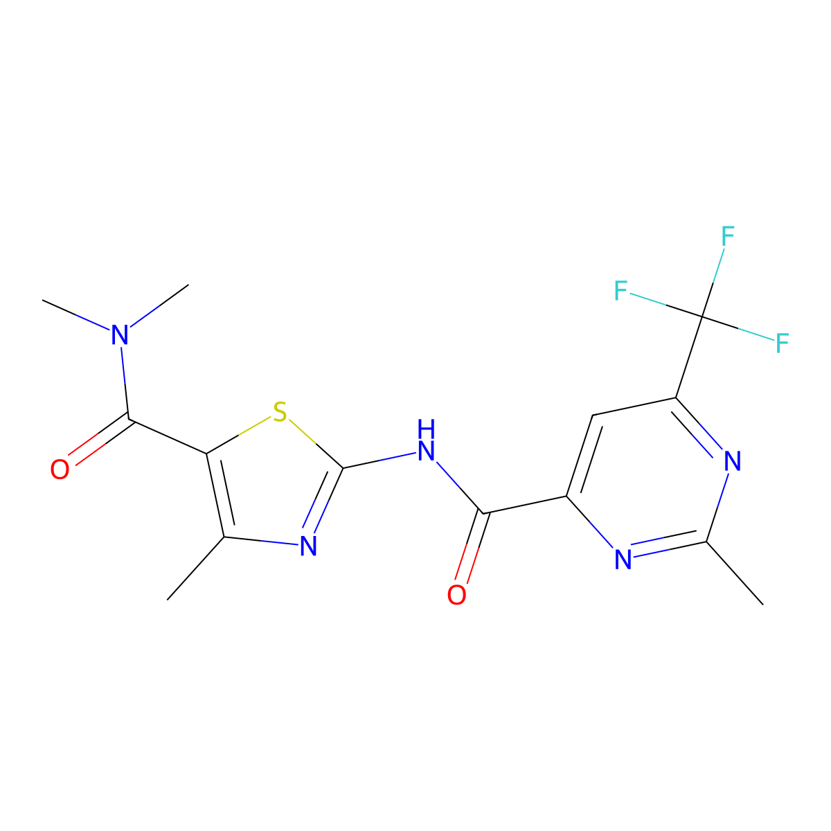 N-[5-(dimethylcarbamoyl)-4-methyl-1,3-thiazol-2-yl]-2-methyl-6-(trifluoromethyl)pyrimidine-4-carboxamide molecular structure, CAS 2415562-19-3