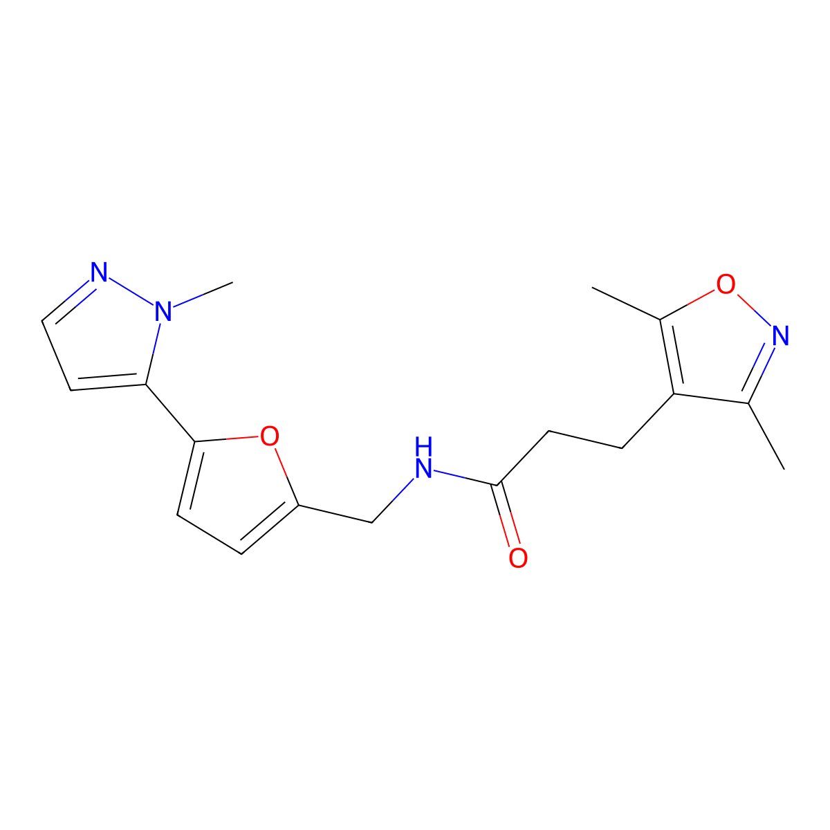 3-(3,5-dimethyl-1,2-oxazol-4-yl)-N-{[5-(1-methyl-1H-pyrazol-5-yl)furan-2-yl]methyl}propanamide molecular structure, CAS 2415562-42-2