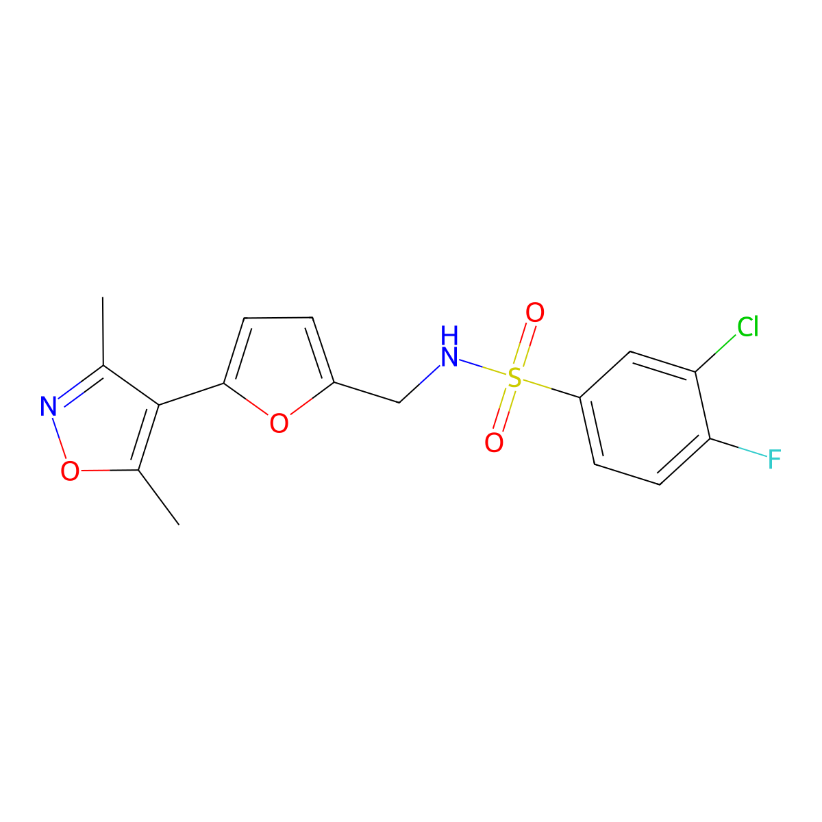 3-chloro-N-{[5-(3,5-dimethyl-1,2-oxazol-4-yl)furan-2-yl]methyl}-4-fluorobenzene-1-sulfonamide molecular structure, CAS 2415562-46-6