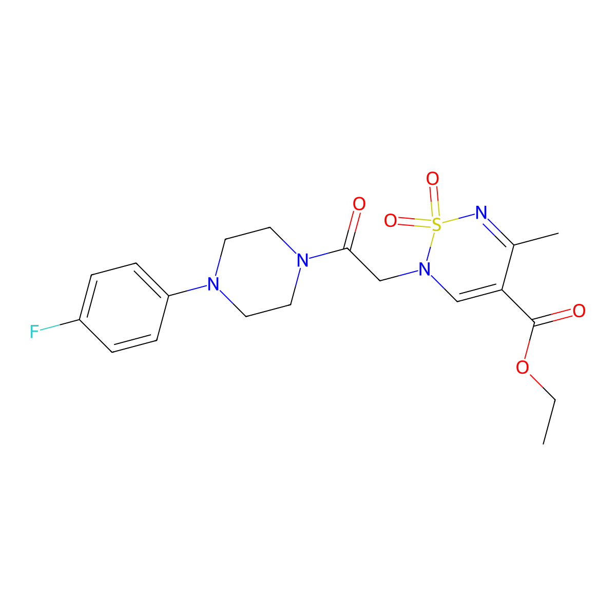 ethyl 2-{2-[4-(4-fluorophenyl)piperazin-1-yl]-2-oxoethyl}-5-methyl-1,1-dioxo-2H-1lambda6,2,6-thiadiazine-4-carboxylate molecular structure, CAS 2415562-49-9