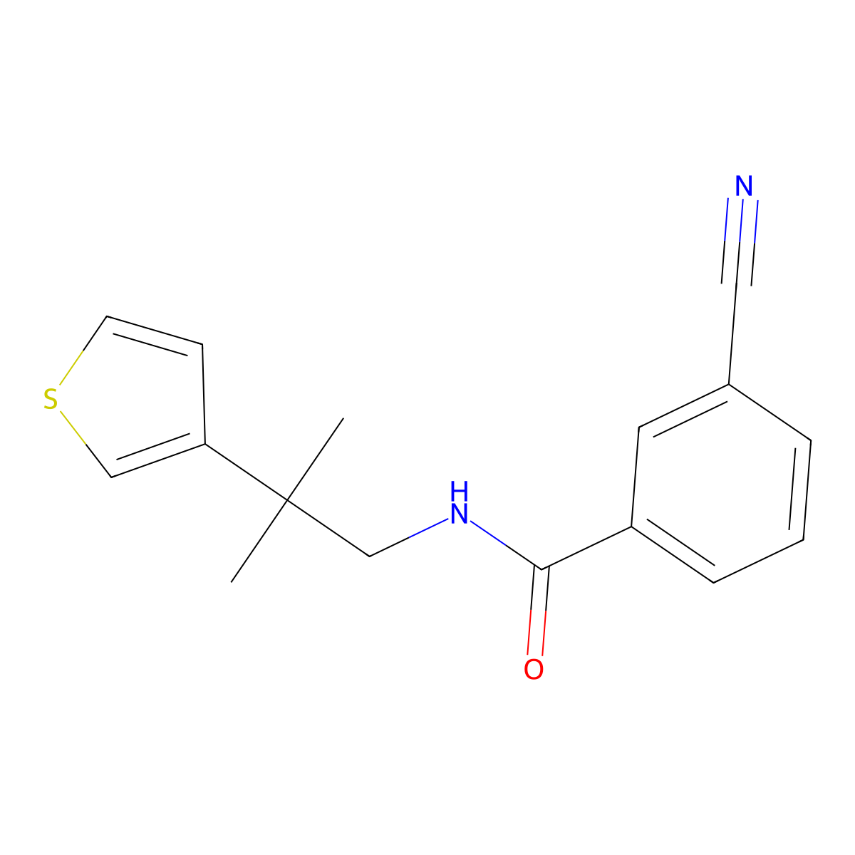 3-cyano-N-[2-methyl-2-(thiophen-3-yl)propyl]benzamide molecular structure, CAS 2415562-50-2