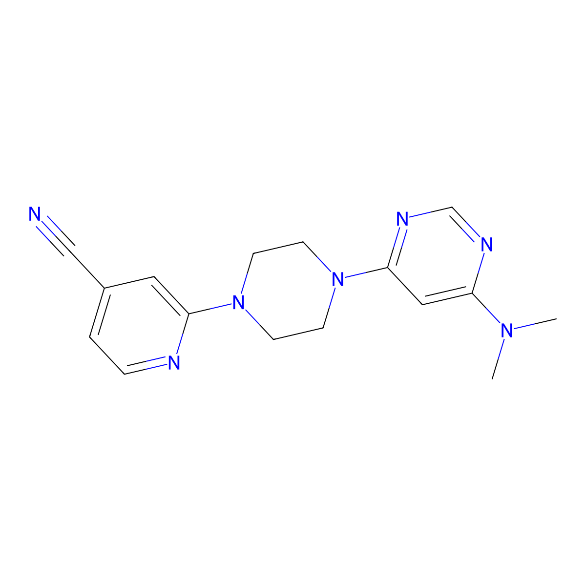 2-{4-[6-(Dimethylamino)pyrimidin-4-yl]piperazin-1-yl}pyridine-4-carbonitrile molecular structure, CAS 2415562-72-8
