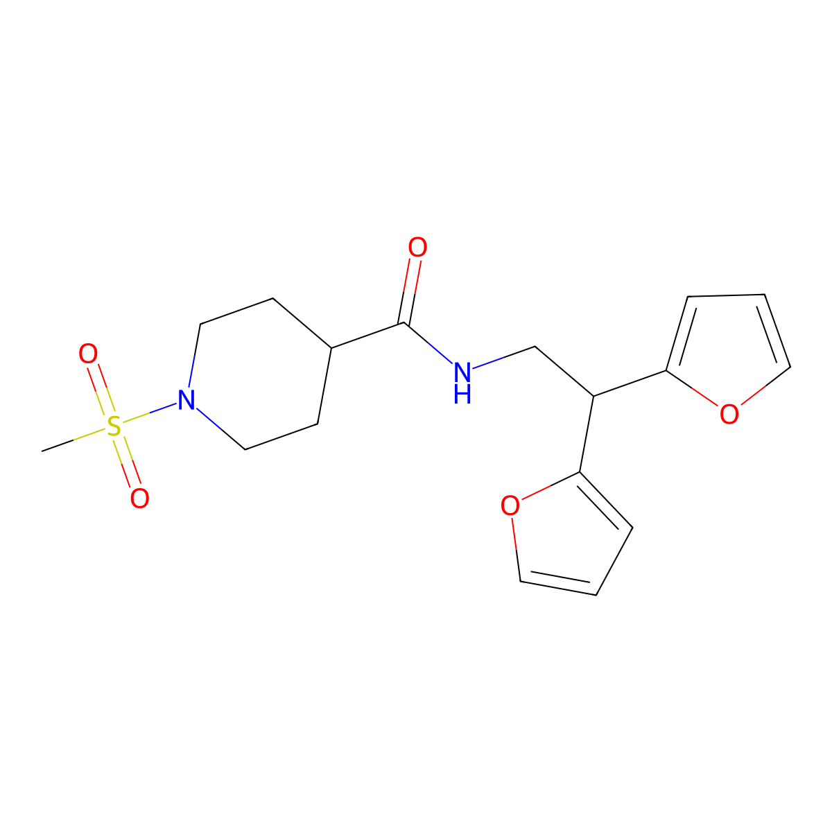 N-[2,2-bis(furan-2-yl)ethyl]-1-methanesulfonylpiperidine-4-carboxamide molecular structure, CAS 2415562-82-0