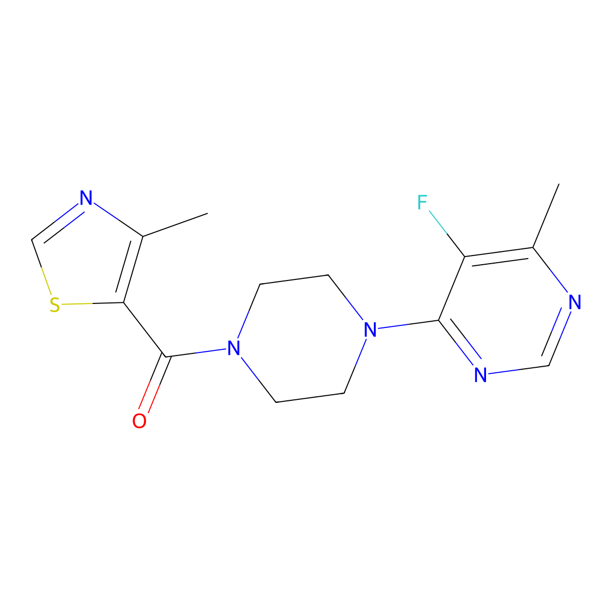 5-Fluoro-4-methyl-6-[4-(4-methyl-1,3-thiazole-5-carbonyl)piperazin-1-yl]pyrimidine molecular structure, CAS 2415562-92-2