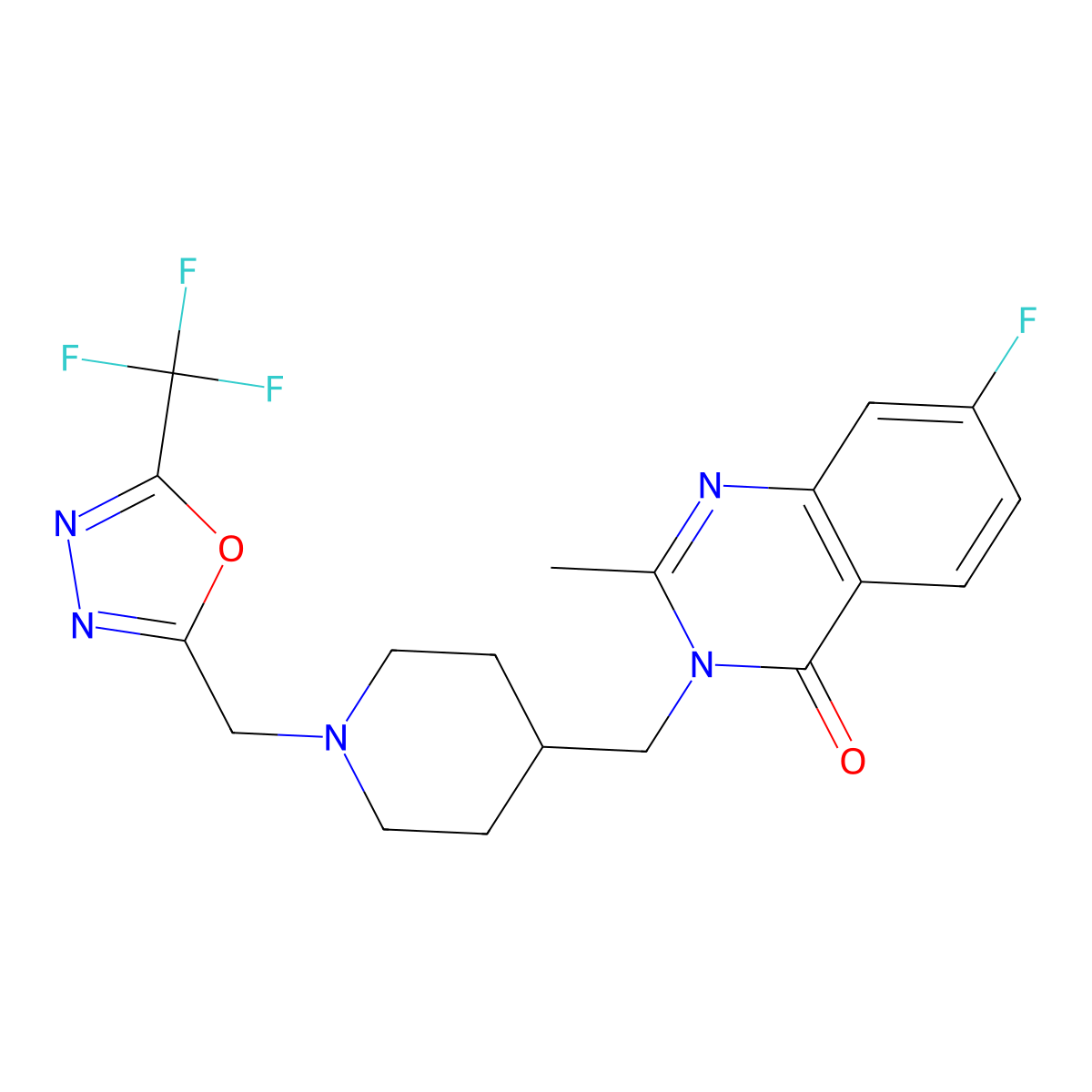 7-Fluoro-2-methyl-3-[(1-{[5-(trifluoromethyl)-1,3,4-oxadiazol-2-yl]methyl}piperidin-4-yl)methyl]-3,4-dihydroquinazolin-4-one molecular structure, CAS 2415563-02-7
