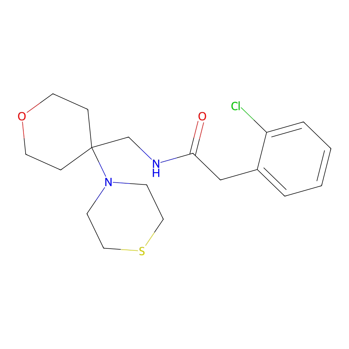 2-(2-chlorophenyl)-N-{[4-(thiomorpholin-4-yl)oxan-4-yl]methyl}acetamide molecular structure, CAS 2415563-08-3