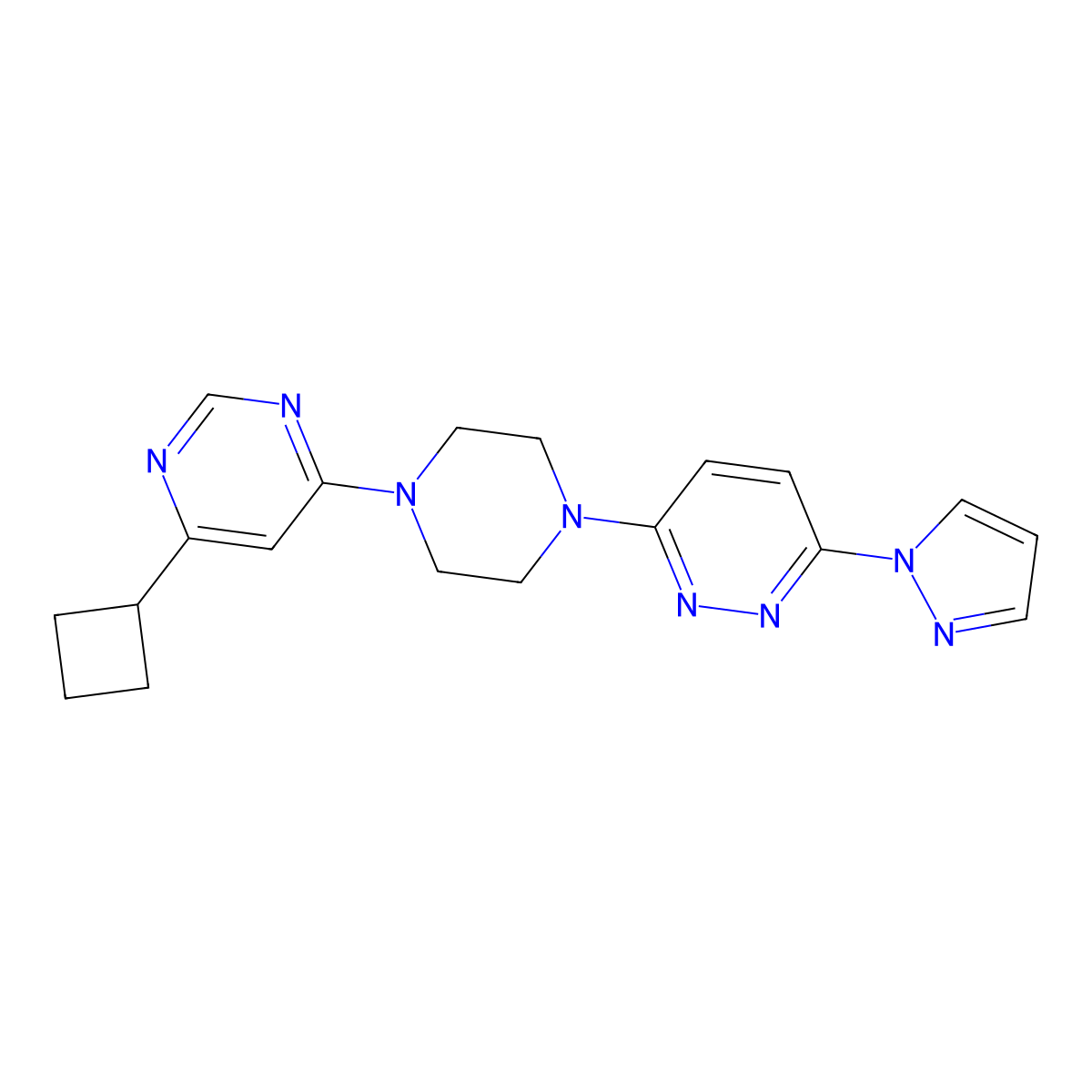 3-[4-(6-cyclobutylpyrimidin-4-yl)piperazin-1-yl]-6-(1H-pyrazol-1-yl)pyridazine molecular structure, CAS 2415563-11-8