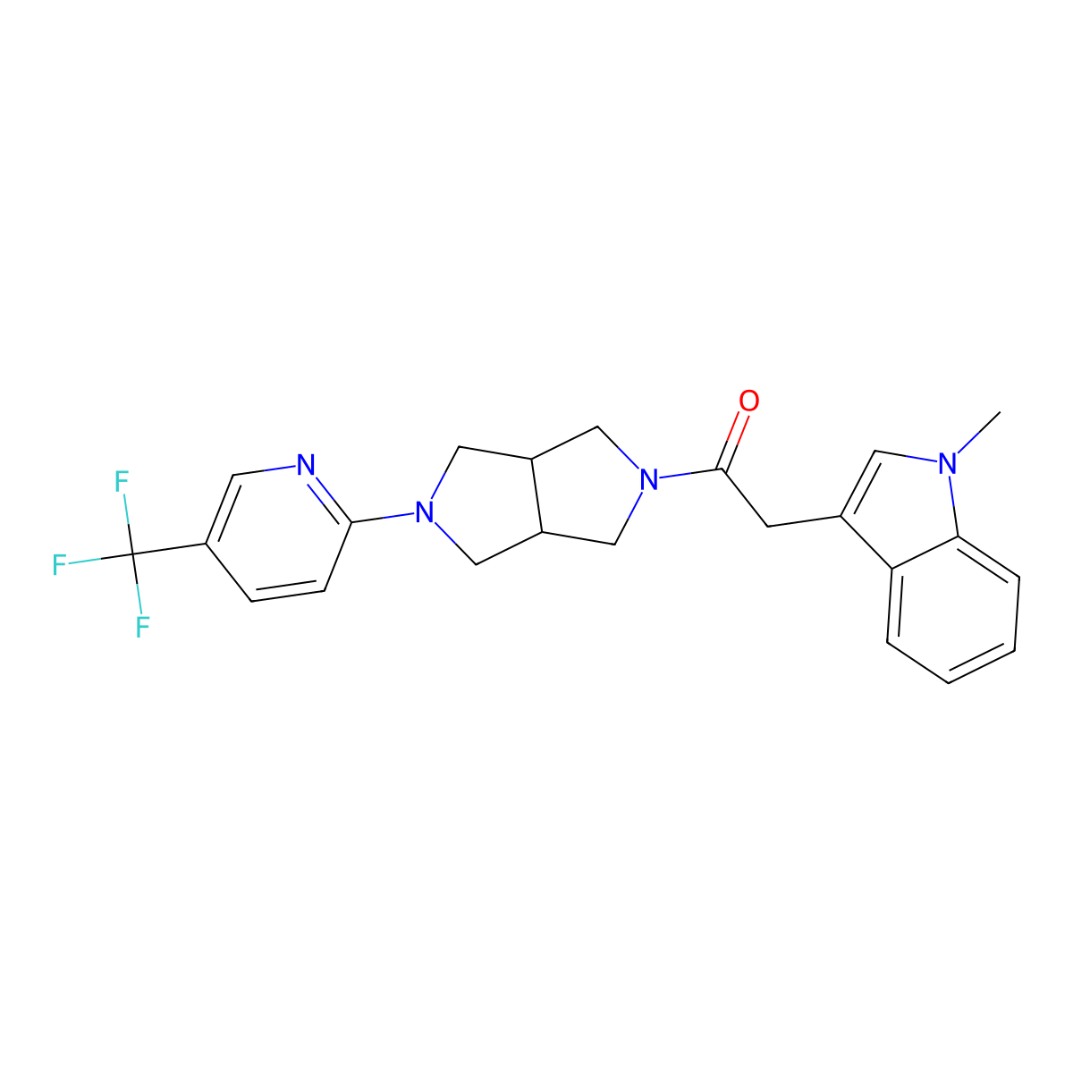 2-(1-methyl-1H-indol-3-yl)-1-{5-[5-(trifluoromethyl)pyridin-2-yl]-octahydropyrrolo[3,4-c]pyrrol-2-yl}ethan-1-one molecular structure, CAS 2415563-26-5