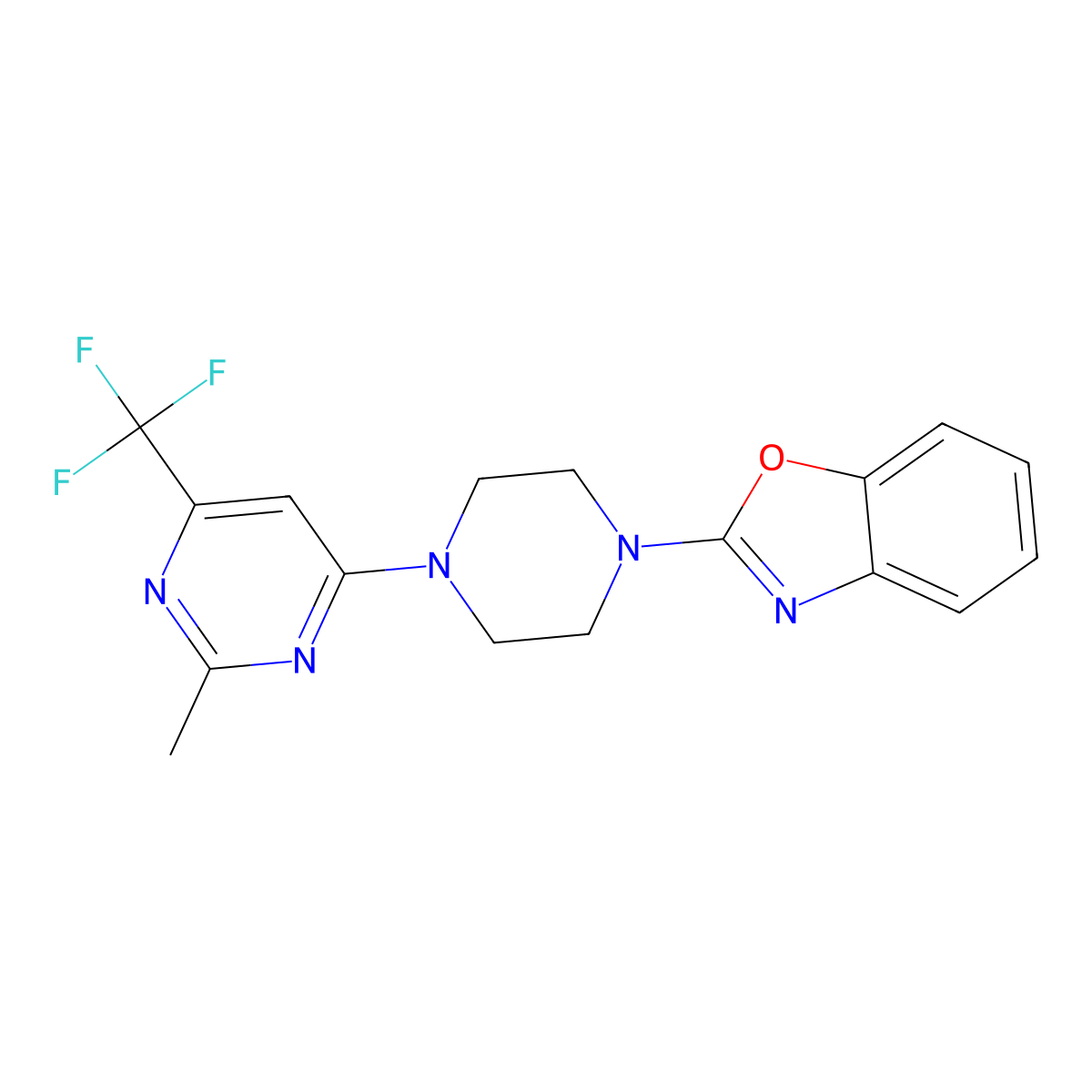 2-{4-[2-Methyl-6-(trifluoromethyl)pyrimidin-4-yl]piperazin-1-yl}-1,3-benzoxazole molecular structure, CAS 2415563-34-5