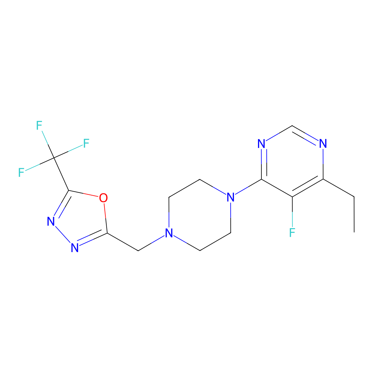 4-Ethyl-5-fluoro-6-(4-{[5-(trifluoromethyl)-1,3,4-oxadiazol-2-yl]methyl}piperazin-1-yl)pyrimidine molecular structure, CAS 2415563-40-3
