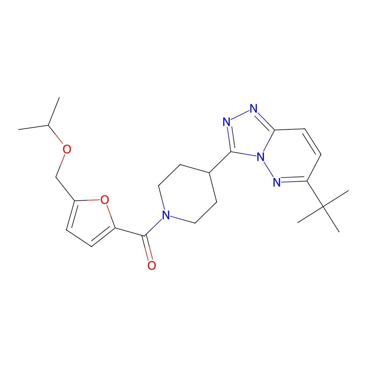 4-{6-Tert-butyl-[1,2,4]triazolo[4,3-b]pyridazin-3-yl}-1-{5-[(propan-2-yloxy)methyl]furan-2-carbonyl}piperidine molecular structure, CAS 2415563-46-9