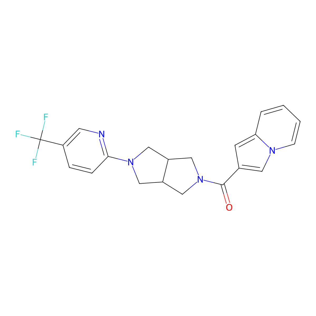 2-{5-[5-(Trifluoromethyl)pyridin-2-yl]-octahydropyrrolo[3,4-c]pyrrole-2-carbonyl}indolizine molecular structure, CAS 2415563-49-2
