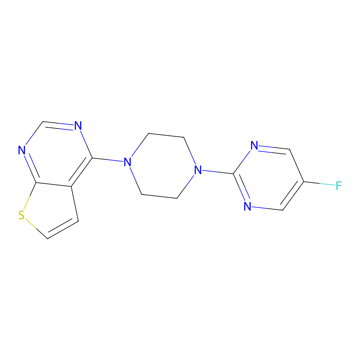 5-Fluoro-2-(4-{thieno[2,3-d]pyrimidin-4-yl}piperazin-1-yl)pyrimidine molecular structure, CAS 2415563-53-8