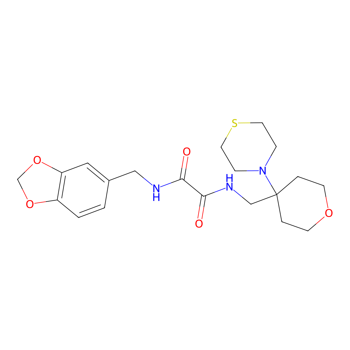 N-[(2H-1,3-benzodioxol-5-yl)methyl]-N'-{[4-(thiomorpholin-4-yl)oxan-4-yl]methyl}ethanediamide molecular structure, CAS 2415563-60-7