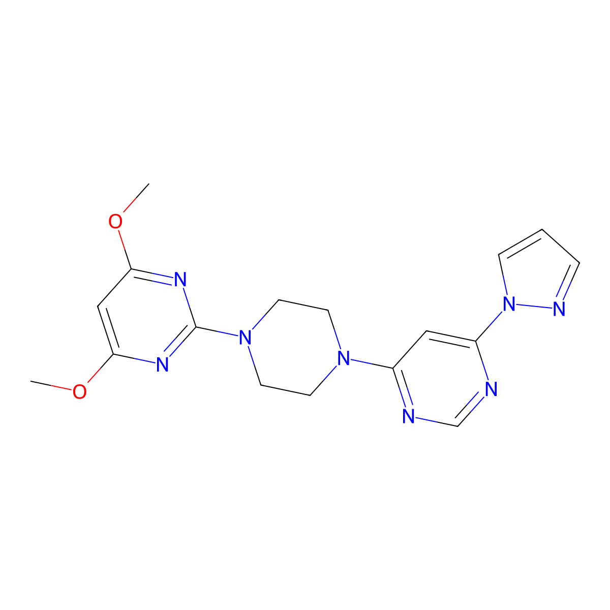 4,6-dimethoxy-2-{4-[6-(1H-pyrazol-1-yl)pyrimidin-4-yl]piperazin-1-yl}pyrimidine molecular structure, CAS 2415563-71-0