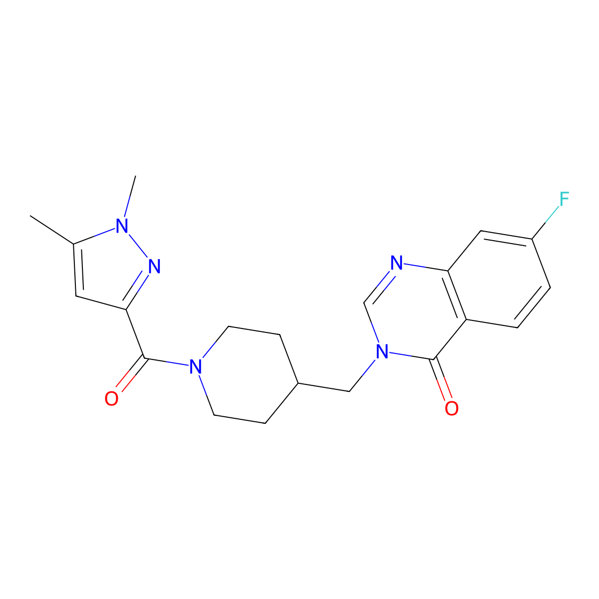 3-{[1-(1,5-dimethyl-1H-pyrazole-3-carbonyl)piperidin-4-yl]methyl}-7-fluoro-3,4-dihydroquinazolin-4-one molecular structure, CAS 2415563-74-3