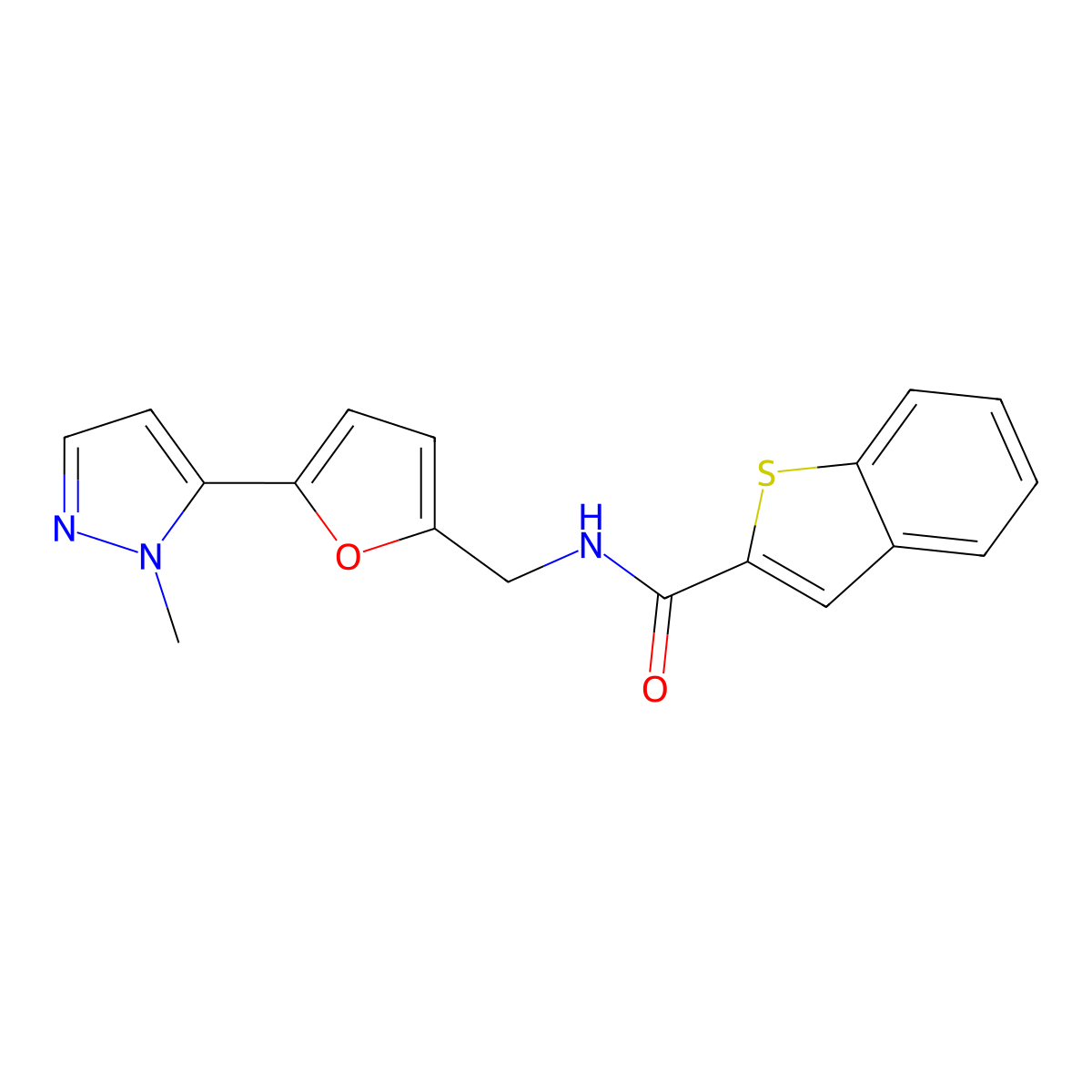 N-{[5-(1-methyl-1H-pyrazol-5-yl)furan-2-yl]methyl}-1-benzothiophene-2-carboxamide molecular structure, CAS 2415563-75-4