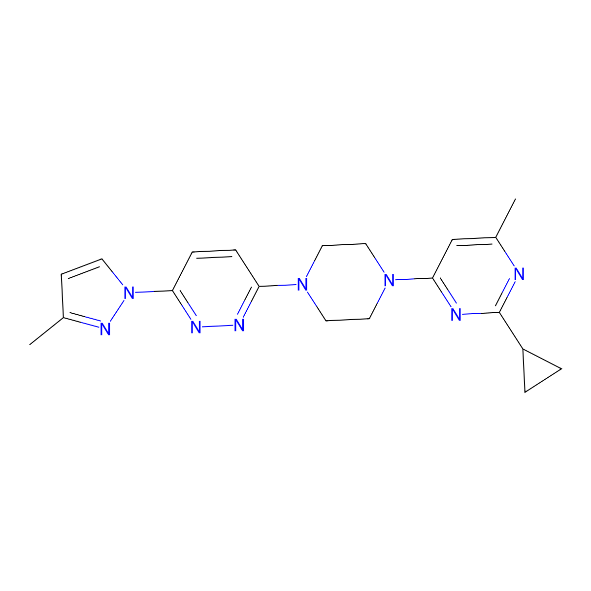 2-cyclopropyl-4-methyl-6-{4-[6-(3-methyl-1H-pyrazol-1-yl)pyridazin-3-yl]piperazin-1-yl}pyrimidine molecular structure, CAS 2415563-78-7
