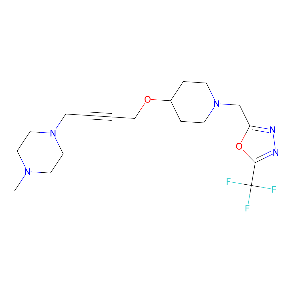 1-Methyl-4-{4-[(1-{[5-(trifluoromethyl)-1,3,4-oxadiazol-2-yl]methyl}piperidin-4-yl)oxy]but-2-yn-1-yl}piperazine molecular structure, CAS 2415563-81-2