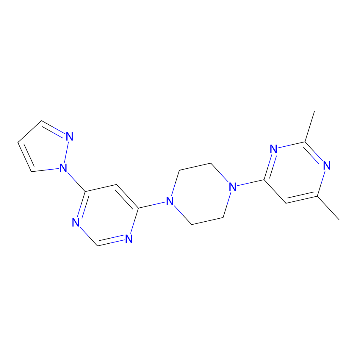 2,4-dimethyl-6-{4-[6-(1H-pyrazol-1-yl)pyrimidin-4-yl]piperazin-1-yl}pyrimidine molecular structure, CAS 2415563-83-4
