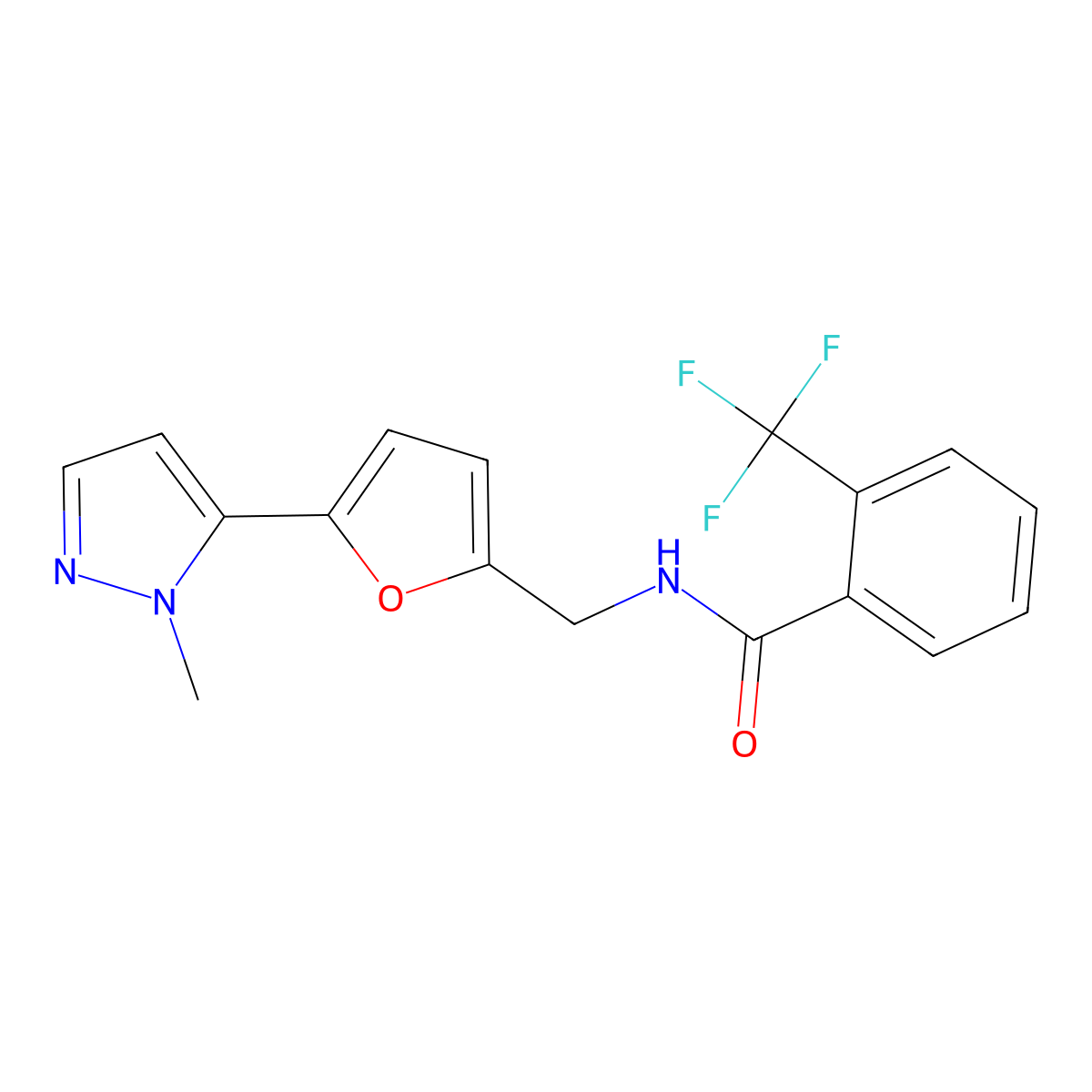 N-{[5-(1-methyl-1H-pyrazol-5-yl)furan-2-yl]methyl}-2-(trifluoromethyl)benzamide molecular structure, CAS 2415563-84-5