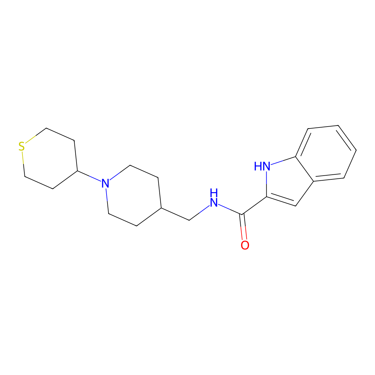 N-{[1-(thian-4-yl)piperidin-4-yl]methyl}-1H-indole-2-carboxamide molecular structure, CAS 2415563-85-6