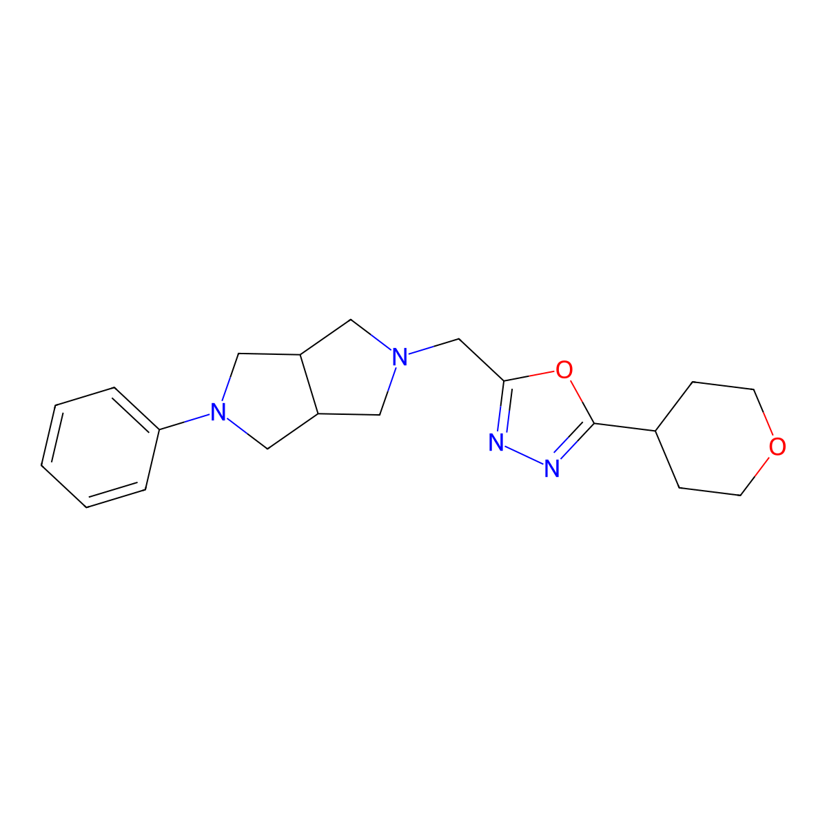 2-(Oxan-4-yl)-5-({5-phenyl-octahydropyrrolo[3,4-c]pyrrol-2-yl}methyl)-1,3,4-oxadiazole molecular structure, CAS 2415563-88-9