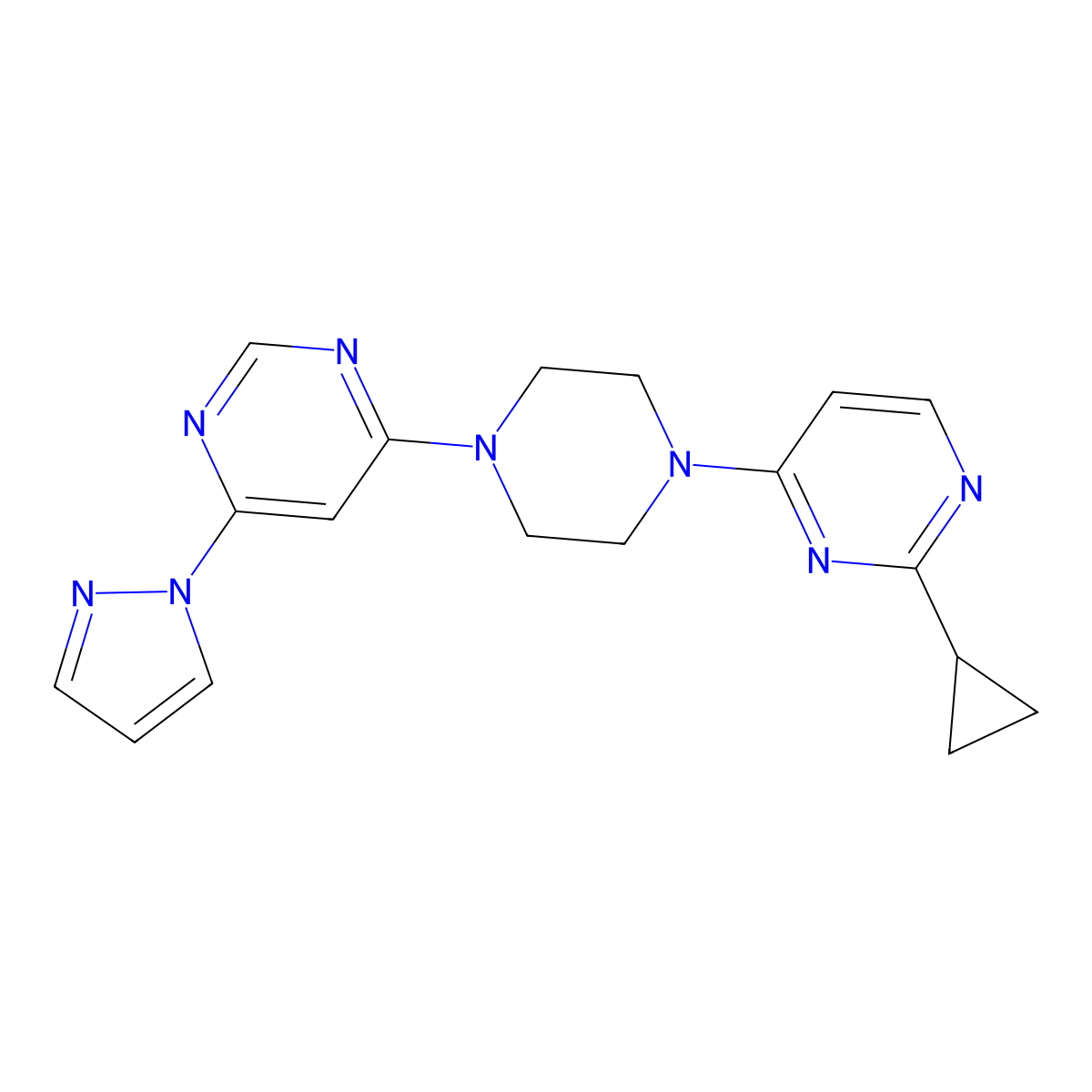 4-[4-(2-cyclopropylpyrimidin-4-yl)piperazin-1-yl]-6-(1H-pyrazol-1-yl)pyrimidine molecular structure, CAS 2415563-90-3