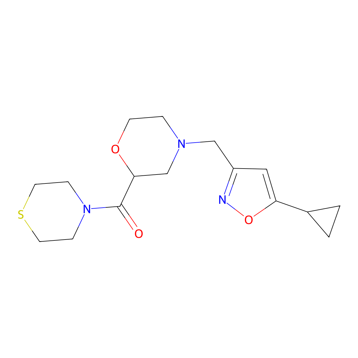 4-[(5-Cyclopropyl-1,2-oxazol-3-yl)methyl]-2-(thiomorpholine-4-carbonyl)morpholine molecular structure, CAS 2415563-91-4