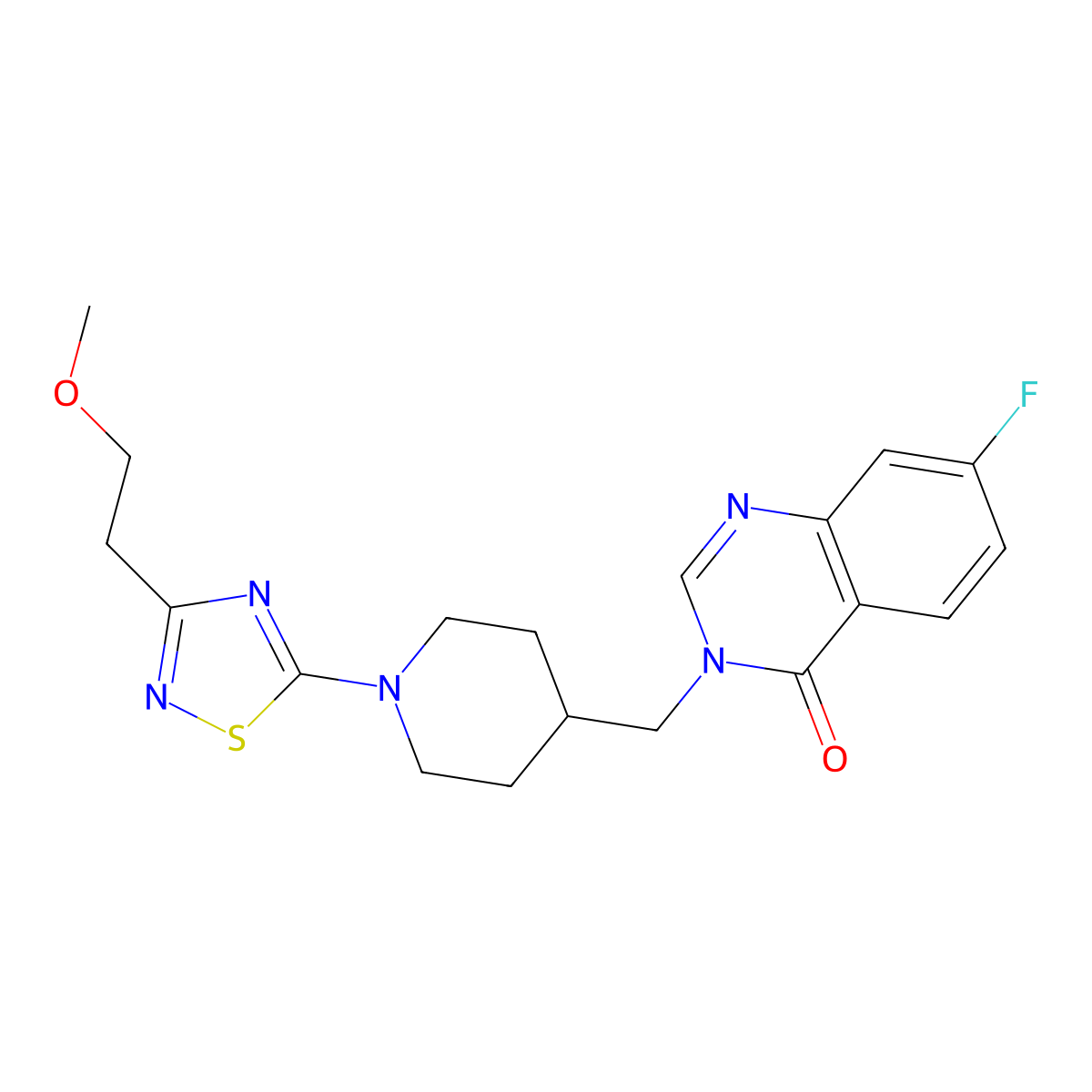 7-Fluoro-3-({1-[3-(2-methoxyethyl)-1,2,4-thiadiazol-5-yl]piperidin-4-yl}methyl)-3,4-dihydroquinazolin-4-one molecular structure, CAS 2415563-93-6