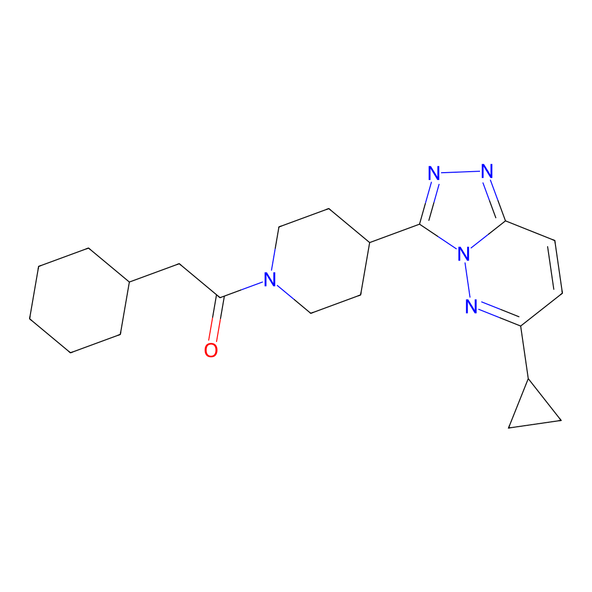 2-Cyclohexyl-1-(4-{6-cyclopropyl-[1,2,4]triazolo[4,3-b]pyridazin-3-yl}piperidin-1-yl)ethan-1-one molecular structure, CAS 2415564-00-8