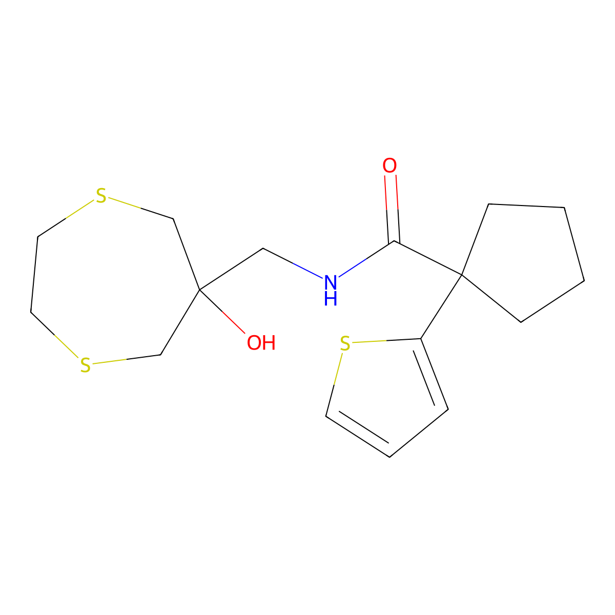 N-[(6-hydroxy-1,4-dithiepan-6-yl)methyl]-1-(thiophen-2-yl)cyclopentane-1-carboxamide molecular structure, CAS 2415564-01-9