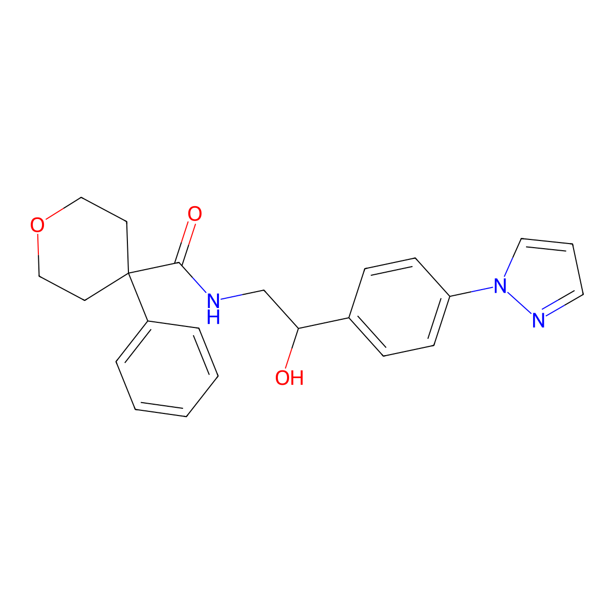 N-{2-hydroxy-2-[4-(1H-pyrazol-1-yl)phenyl]ethyl}-4-phenyloxane-4-carboxamide molecular structure, CAS 2415564-07-5