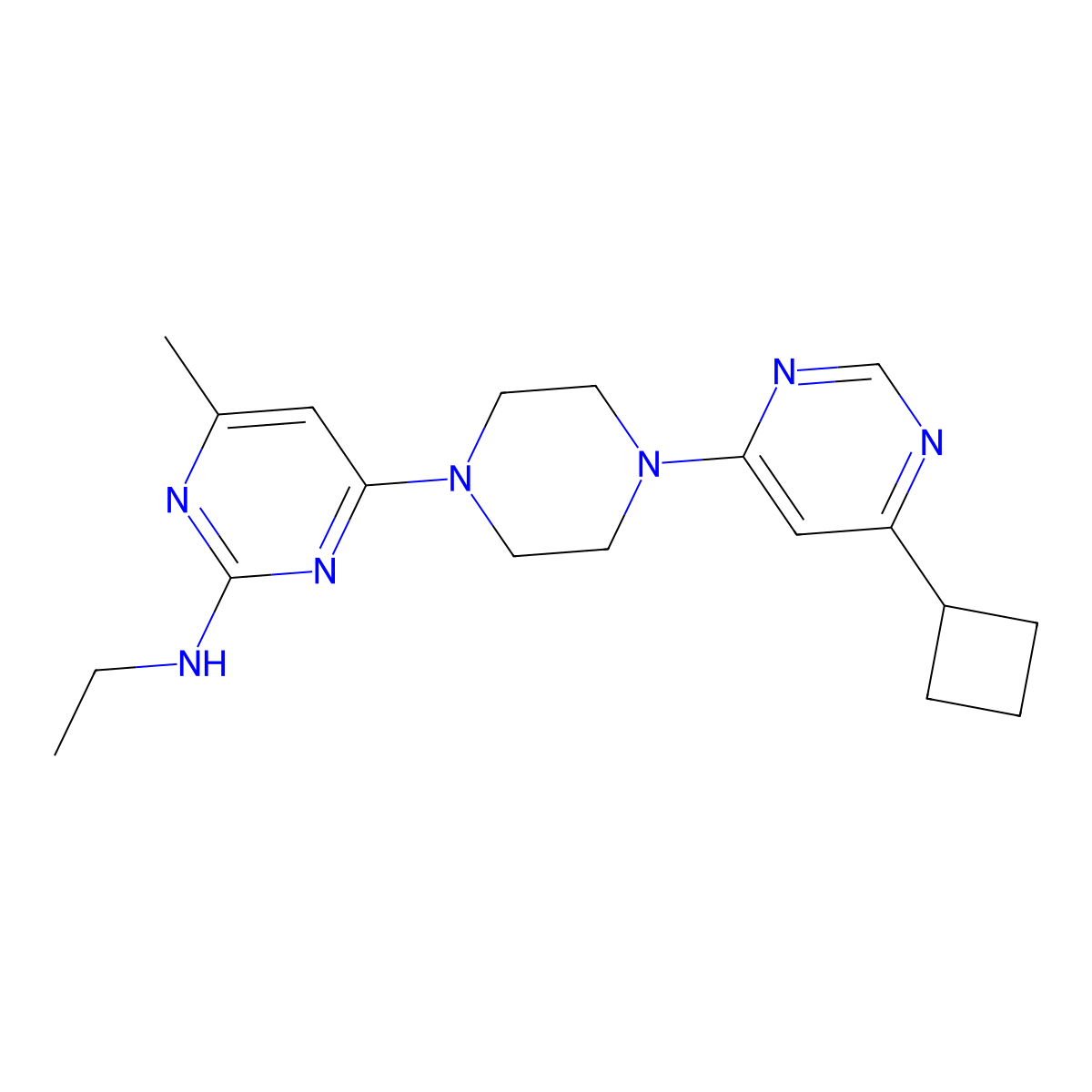 4-[4-(6-cyclobutylpyrimidin-4-yl)piperazin-1-yl]-N-ethyl-6-methylpyrimidin-2-amine molecular structure, CAS 2415564-11-1