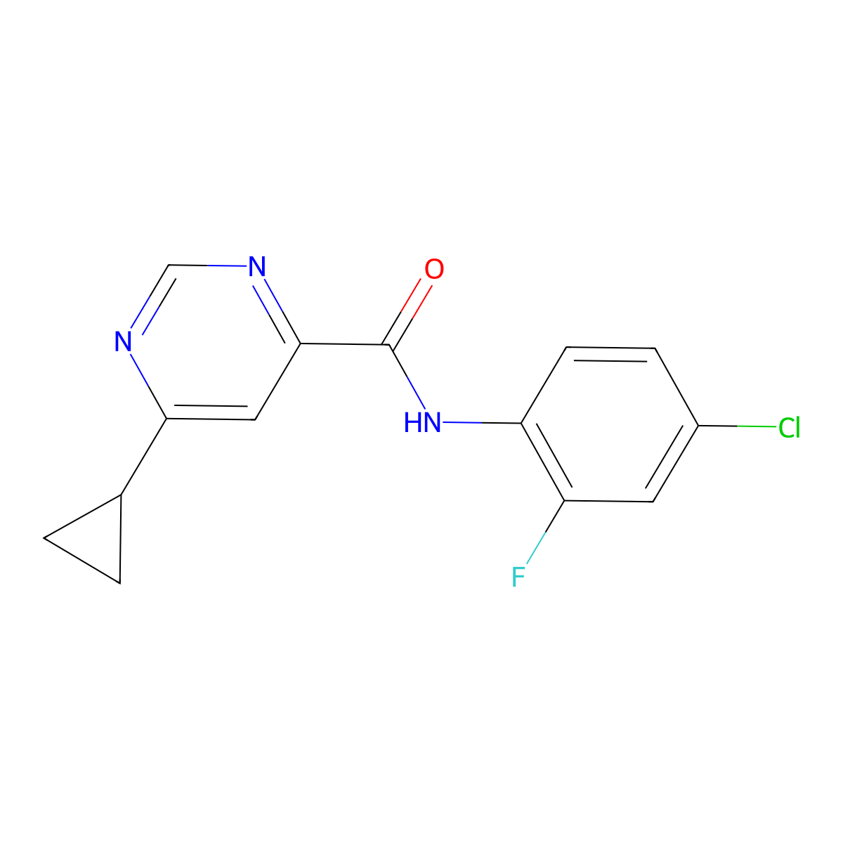N-(4-Chloro-2-fluorophenyl)-6-cyclopropylpyrimidine-4-carboxamide molecular structure, CAS 2415564-44-0