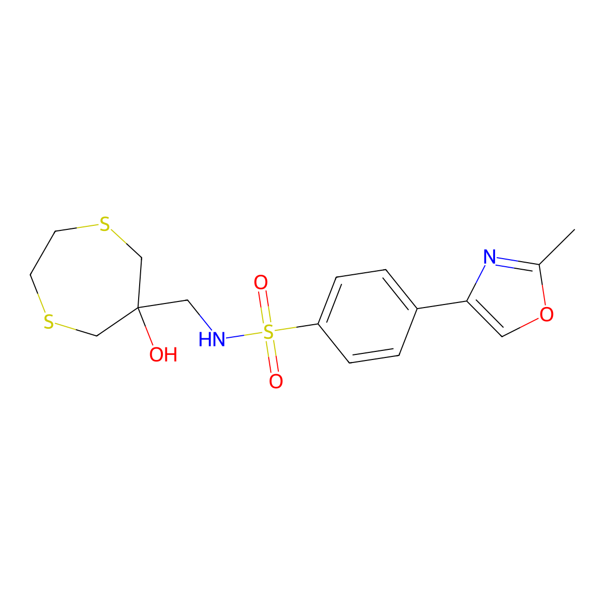 N-[(6-hydroxy-1,4-dithiepan-6-yl)methyl]-4-(2-methyl-1,3-oxazol-4-yl)benzene-1-sulfonamide molecular structure, CAS 2415564-45-1