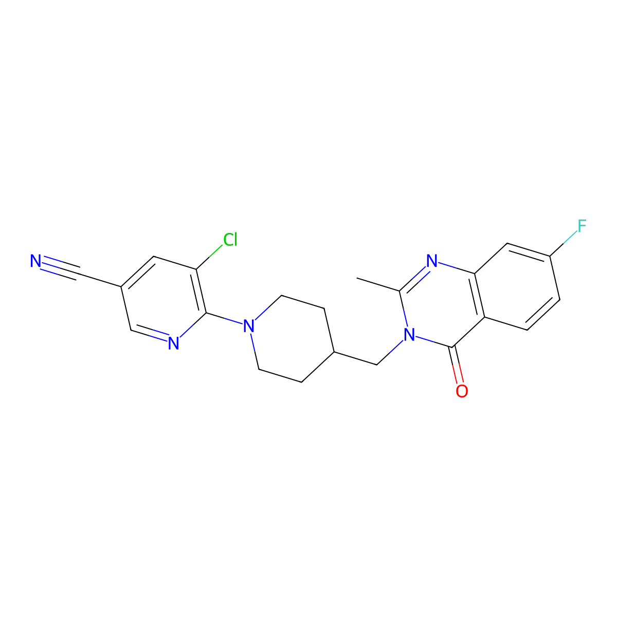 5-Chloro-6-{4-[(7-fluoro-2-methyl-4-oxo-3,4-dihydroquinazolin-3-yl)methyl]piperidin-1-yl}pyridine-3-carbonitrile molecular structure, CAS 2415564-46-2