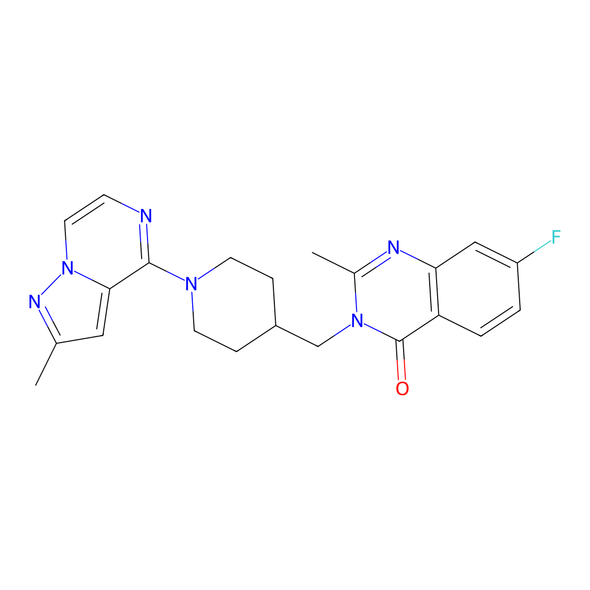 7-Fluoro-2-methyl-3-[(1-{2-methylpyrazolo[1,5-a]pyrazin-4-yl}piperidin-4-yl)methyl]-3,4-dihydroquinazolin-4-one molecular structure, CAS 2415564-56-4