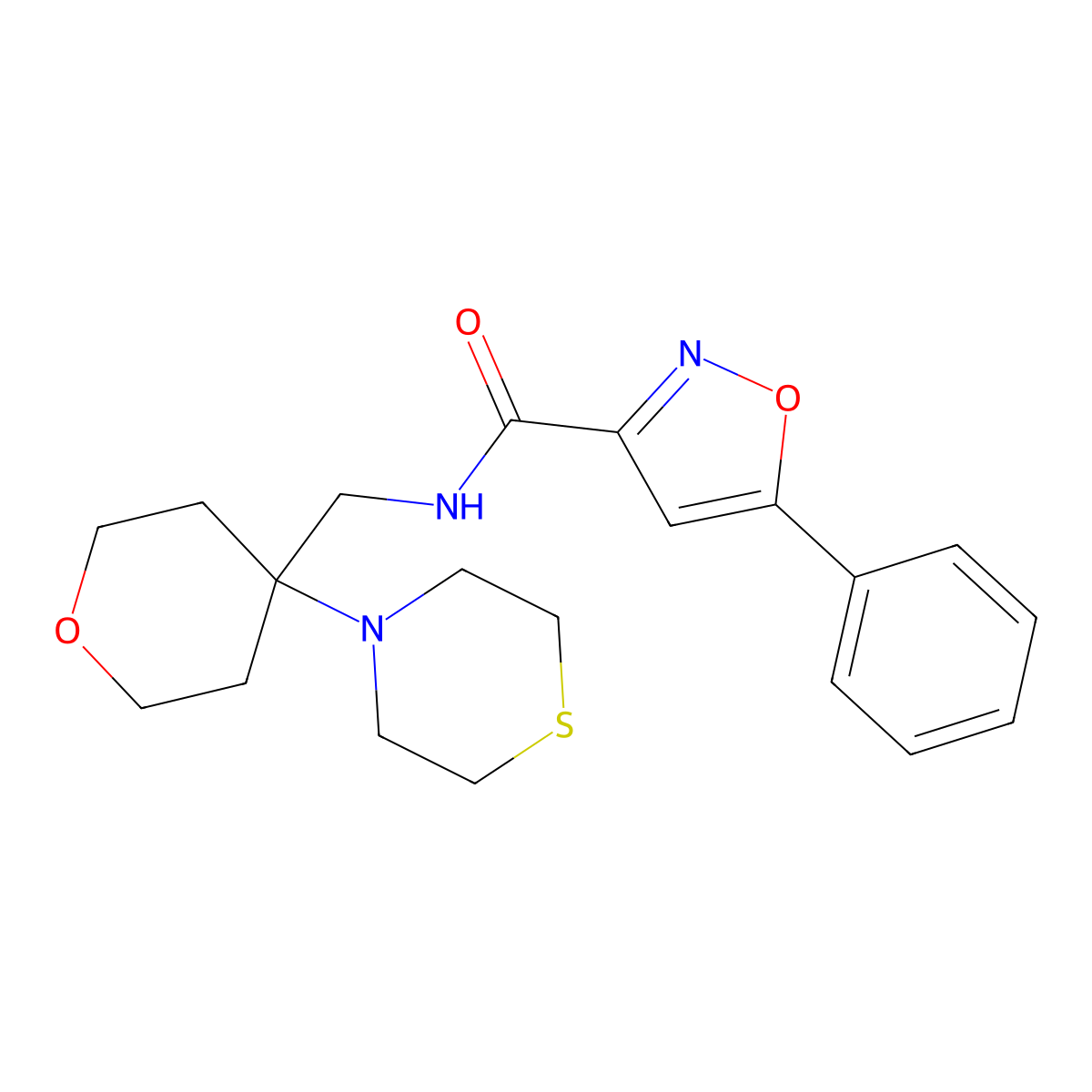 5-phenyl-N-{[4-(thiomorpholin-4-yl)oxan-4-yl]methyl}-1,2-oxazole-3-carboxamide molecular structure, CAS 2415564-59-7