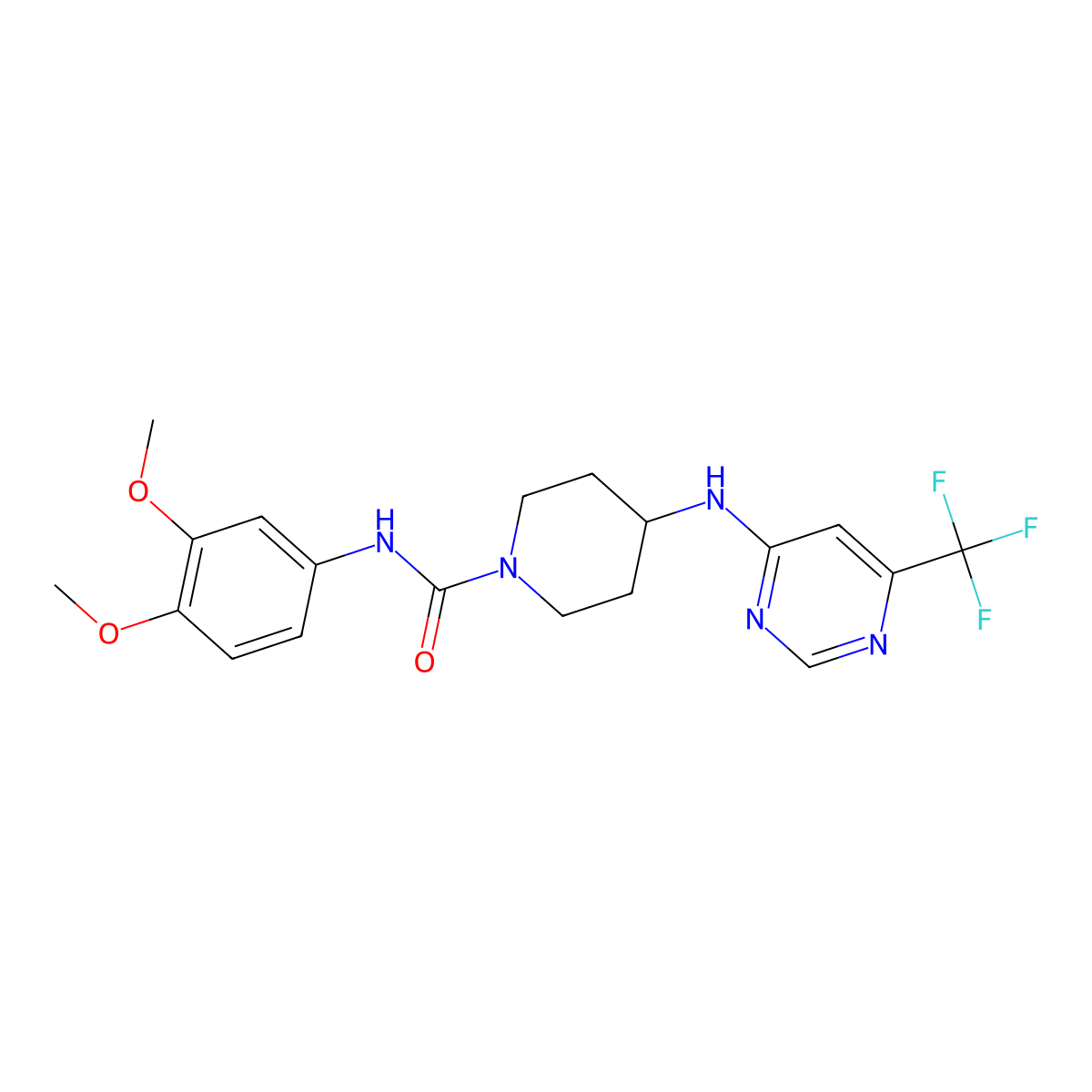 N-(3,4-dimethoxyphenyl)-4-{[6-(trifluoromethyl)pyrimidin-4-yl]amino}piperidine-1-carboxamide molecular structure, CAS 2415564-65-5