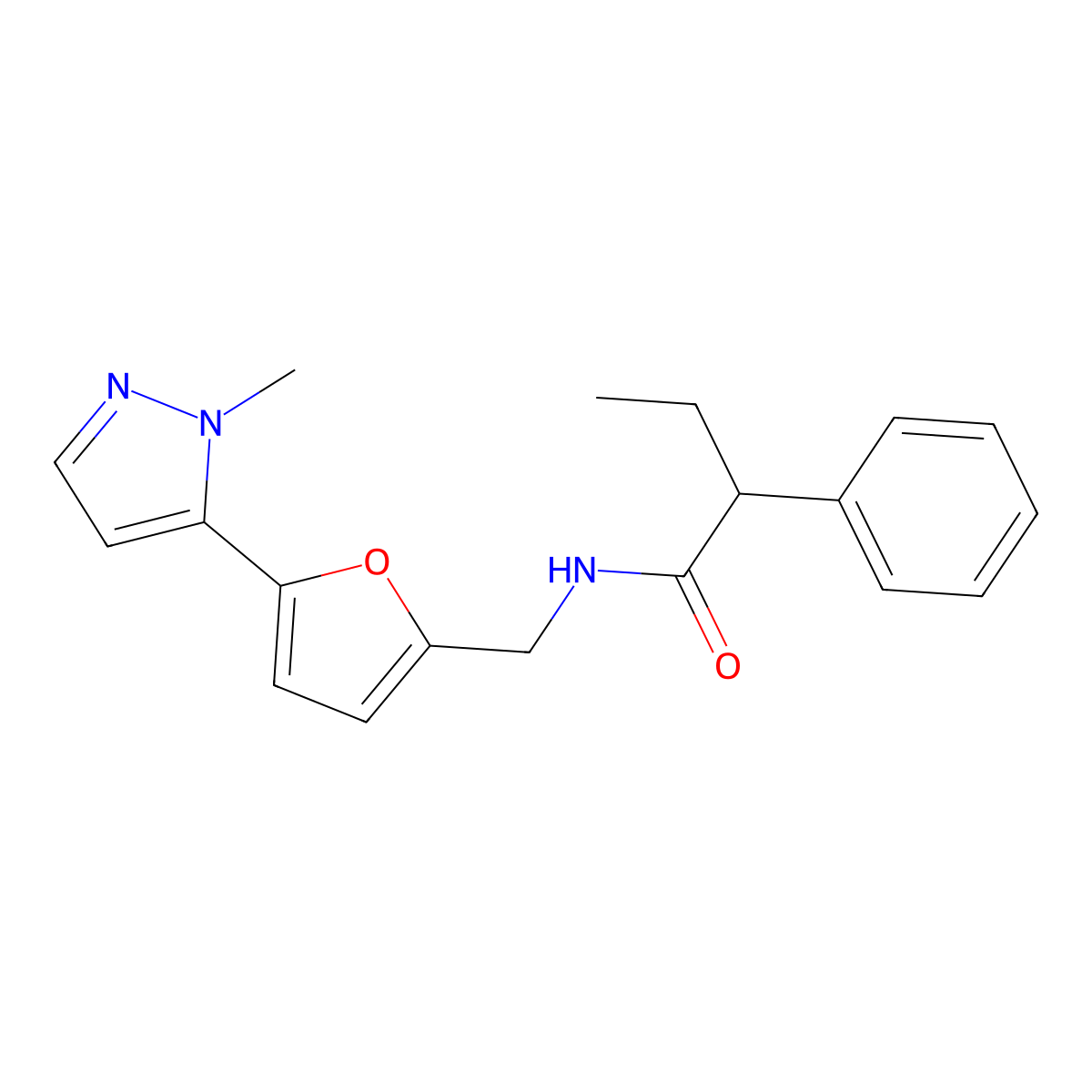 N-{[5-(1-methyl-1H-pyrazol-5-yl)furan-2-yl]methyl}-2-phenylbutanamide molecular structure, CAS 2415564-67-7