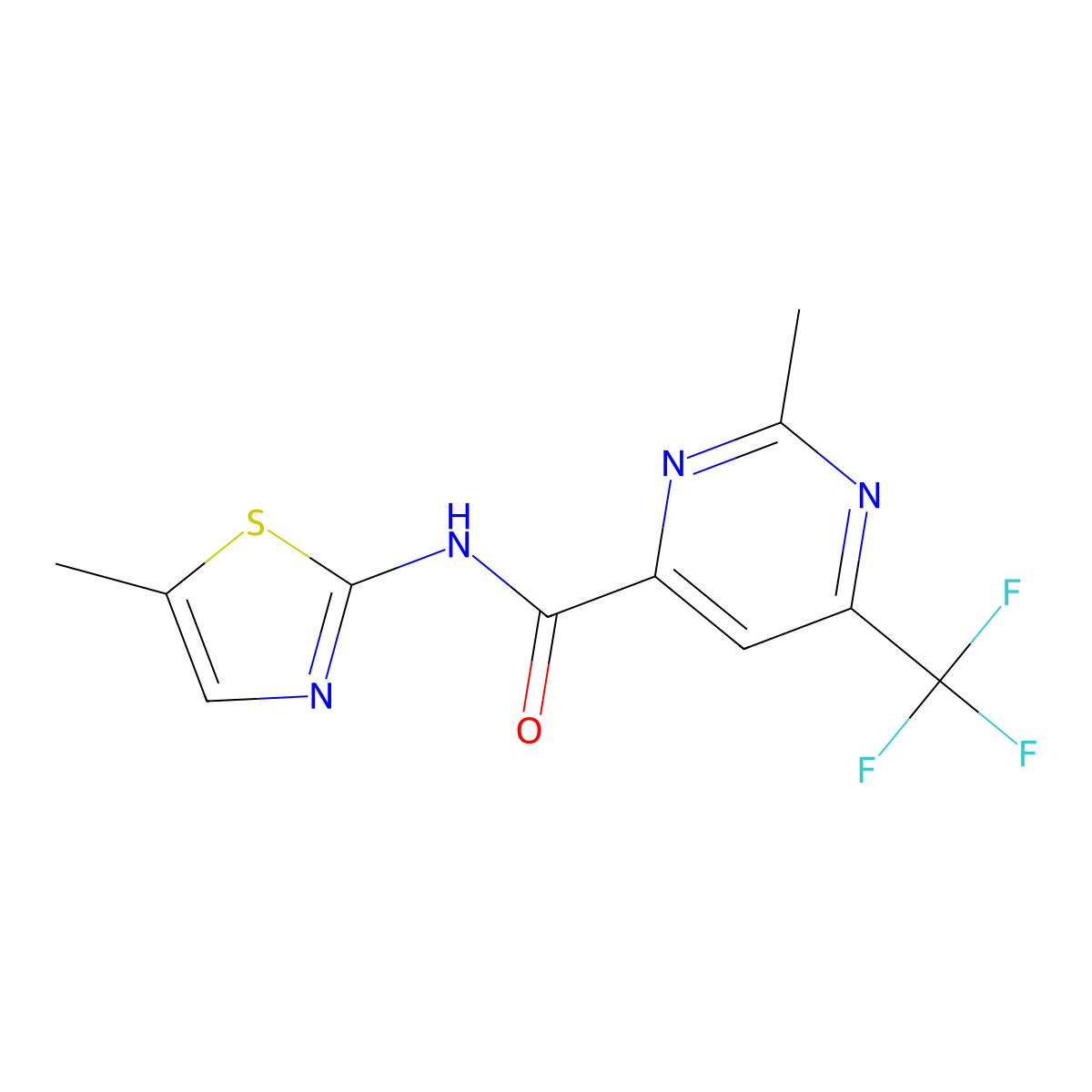 2-Methyl-N-(5-methyl-1,3-thiazol-2-yl)-6-(trifluoromethyl)pyrimidine-4-carboxamide molecular structure, CAS 2415564-72-4